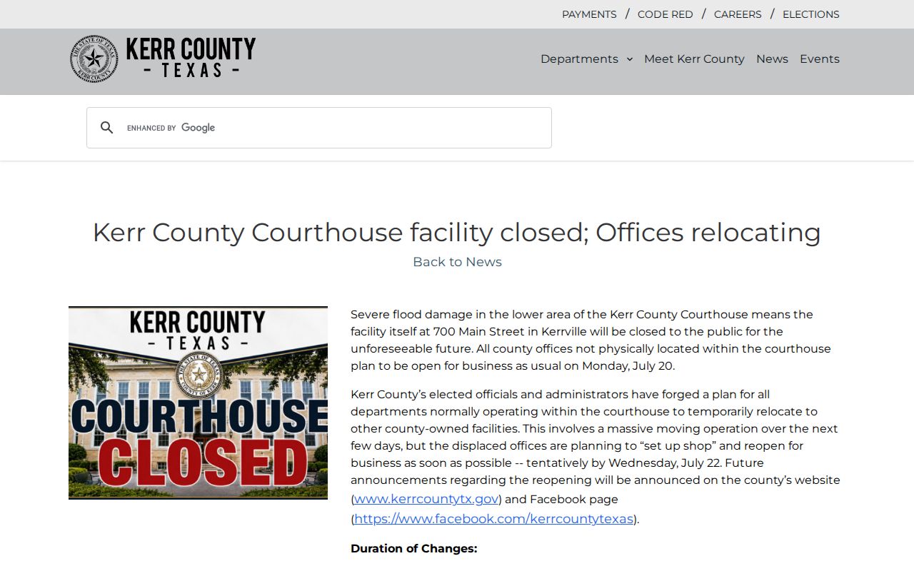 Kerr County court dates flood relocation notice